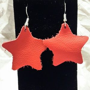 Red Leather Star Earrings - Handmade